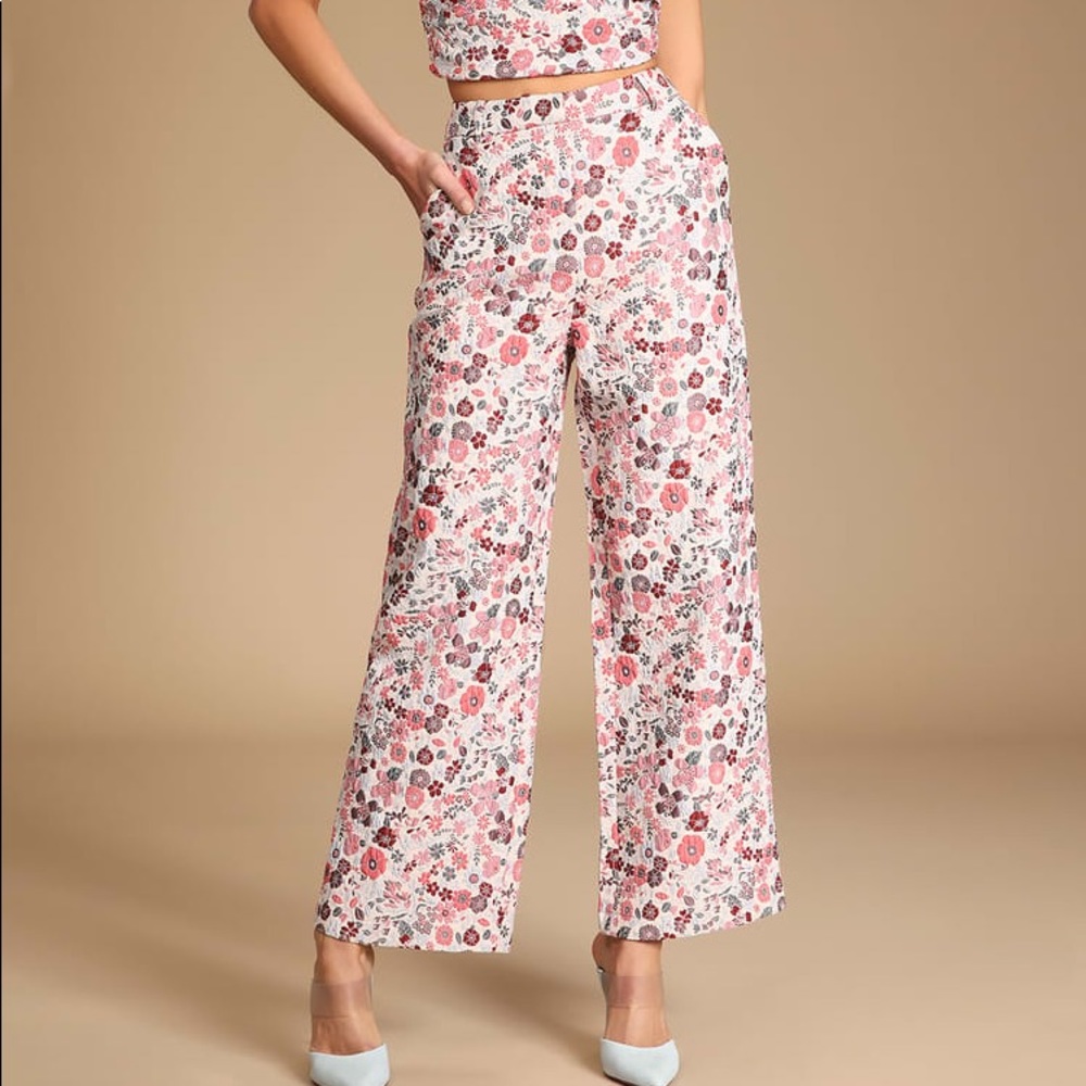 Bloom into Spring Blush Floral Jacquard Wide-Leg Pants